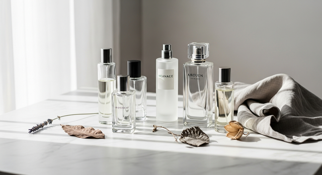 Finery perfume inspired-by fragrance bottles styled on a marble surface