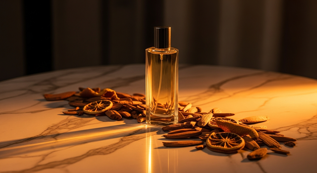 Men's cologne bottle on dark marble surface with warm ambient light