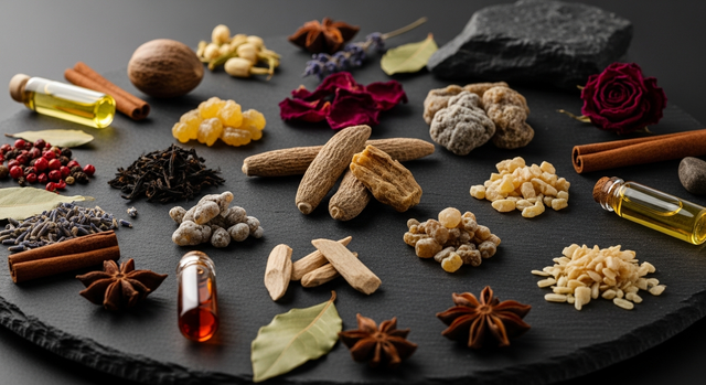 Collection of perfume bottles arranged on marble surface for fragrance guide