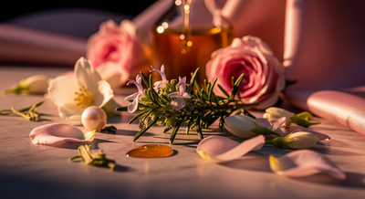 Fresh rosemary sprigs beside a glass perfume bottle on a stone surface, illustrating rosemary oil in perfume