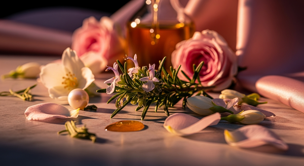 Fresh rosemary sprigs beside a glass perfume bottle on a stone surface, illustrating rosemary oil in perfume