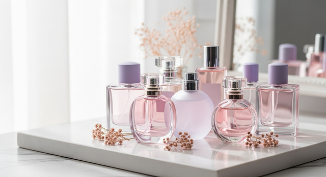 Ariana Grande perfume bottles on marble vanity with soft pastel lighting