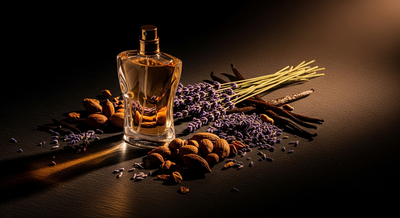 Jean Paul Gaultier perfume style editorial with spice and floral notes on dark slate