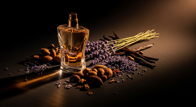 Jean Paul Gaultier perfume style editorial with spice and floral notes on dark slate