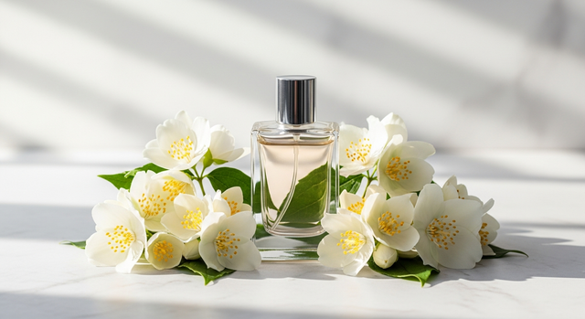 Jasmine perfume bottle surrounded by fresh jasmine blossoms in warm editorial light