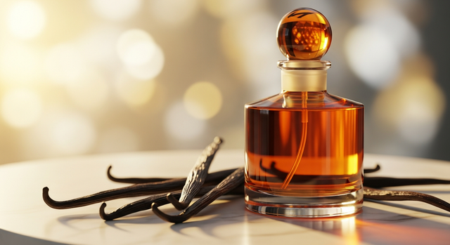 Warm-toned vanilla perfume bottle on marble surface with soft ambient light