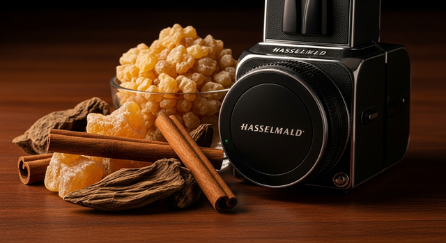 Warm amber resin and glass perfume bottle on dark marble surface — amber fragrance editorial