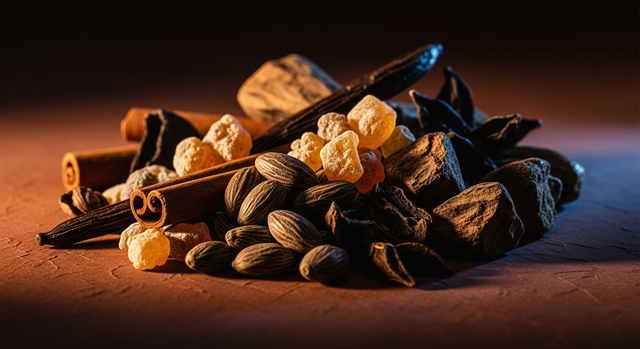Tonka bean seeds arranged on dark wood surface for men's fragrance editorial