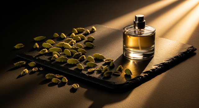 Green cardamom pods beside a glass perfume bottle on dark slate — cardamom perfume editorial