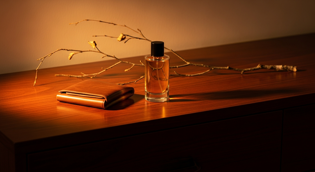 Leather scented cologne bottle with leather material and warm editorial lighting