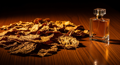 Cured tobacco leaves with warm amber light for a luxury tobacco fragrance editorial