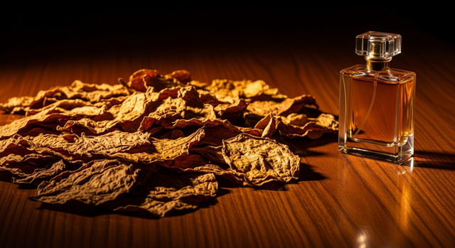 Cured tobacco leaves with warm amber light for a luxury tobacco fragrance editorial