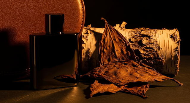 Dark moody leather perfume bottle editorial shot