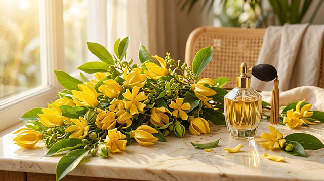 Ylang ylang flowers arranged beside a perfume bottle in warm editorial lighting