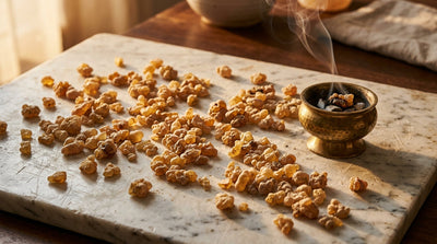 Frankincense resin and smoke evoking a rich frankincense fragrance