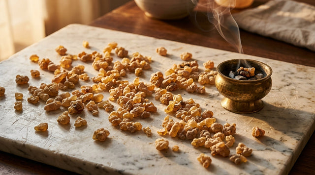 Frankincense resin and smoke evoking a rich frankincense fragrance