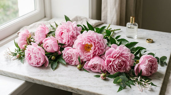 Fragrant pink peony blooms on marble surface — do peonies have a scent