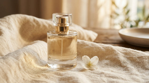 Warm musky notes in perfume represented by a glass flacon on soft linen fabric