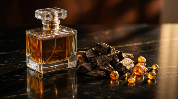 Oud 27 men's aftershave bottle with raw oud wood and amber resin on dark marble