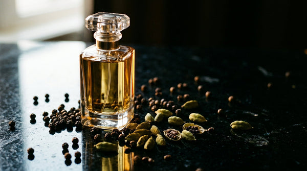Black pepper spice notes displayed alongside a glass perfume bottle on dark marble