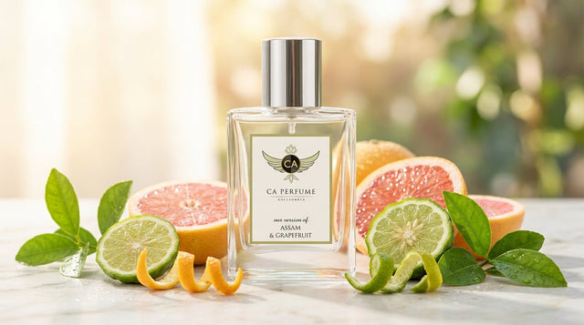 Fresh grapefruit slices beside a glass cologne bottle in natural light