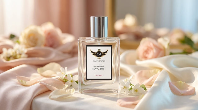 Rose petals and perfume atomizer representing rose musk scent profile