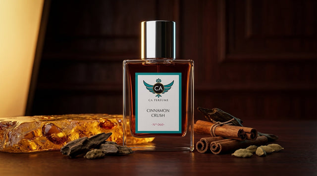 Spicy woody cologne bottle on dark marble with warm amber lighting