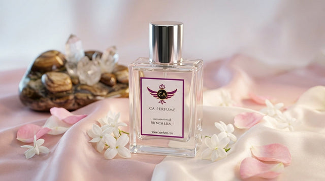 Luxury woody floral perfume bottle surrounded by petals and dark wood