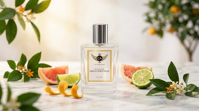 Neroli cologne bottle surrounded by orange blossoms on marble surface