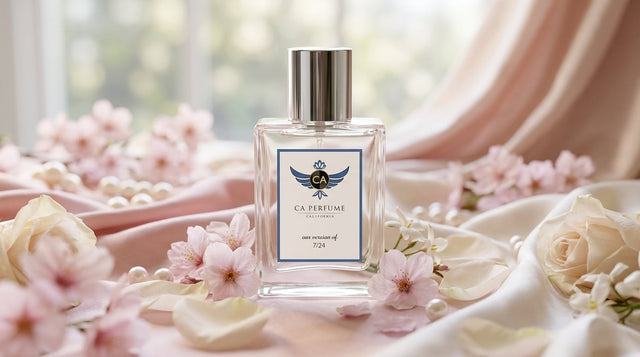 MAC fruity floral perfume bottle surrounded by pink blossoms and fresh fruit