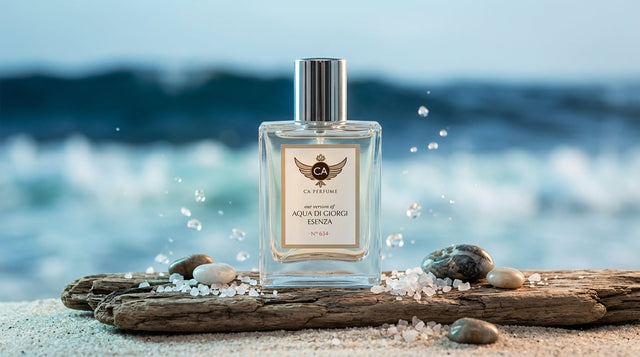 Marine fragrance bottle on coastal rocks with ocean waves in background