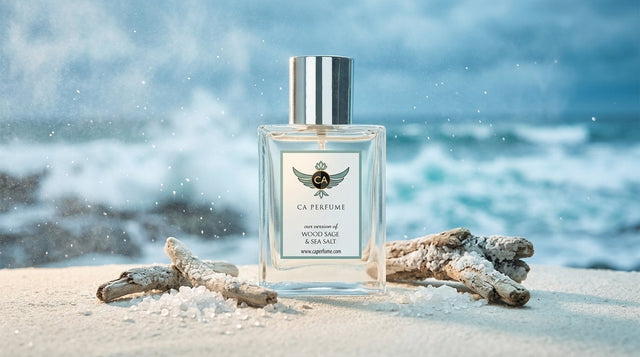 Sea fragrance bottle on driftwood with ocean waves in background