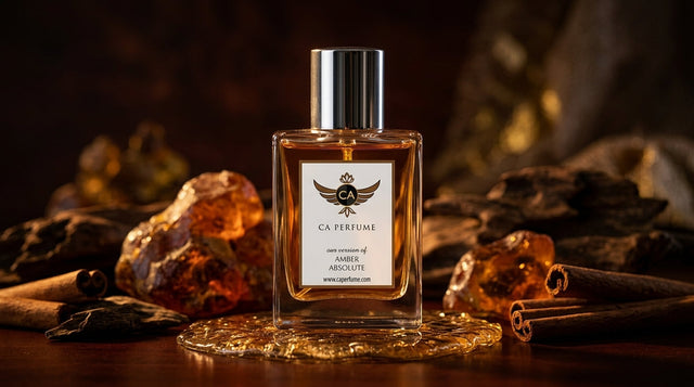 Golden amber resin chunks and perfume bottle illustrating amber scent meaning in perfumery
