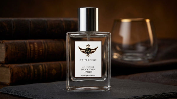 Leather texture beside a fragrance bottle — leather perfume for men