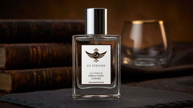 Leather texture beside a fragrance bottle — leather perfume for men