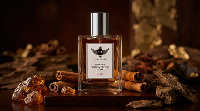 Woody spicy fragrance ingredients including dark wood chips, cinnamon, and amber resin on black marble