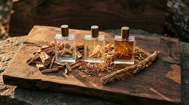 Wood fragrance bottles on dark walnut with cedar and vetiver ingredients