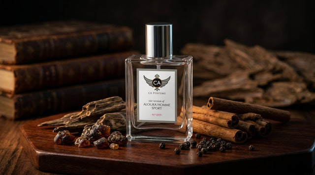 Woody spicy cologne ingredients — cedarwood, pepper, and sandalwood on dark slate