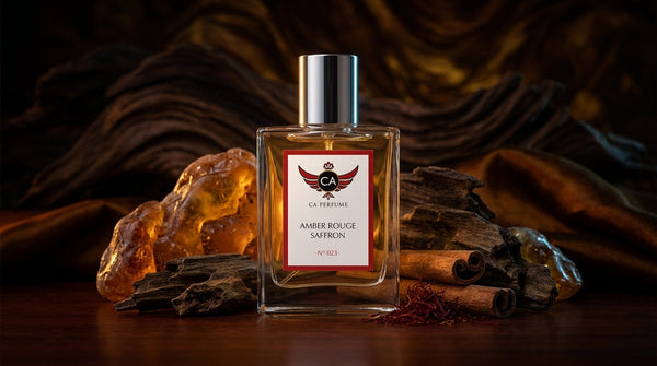 Rare ambergris oil displayed on dark marble surface with ocean backdrop